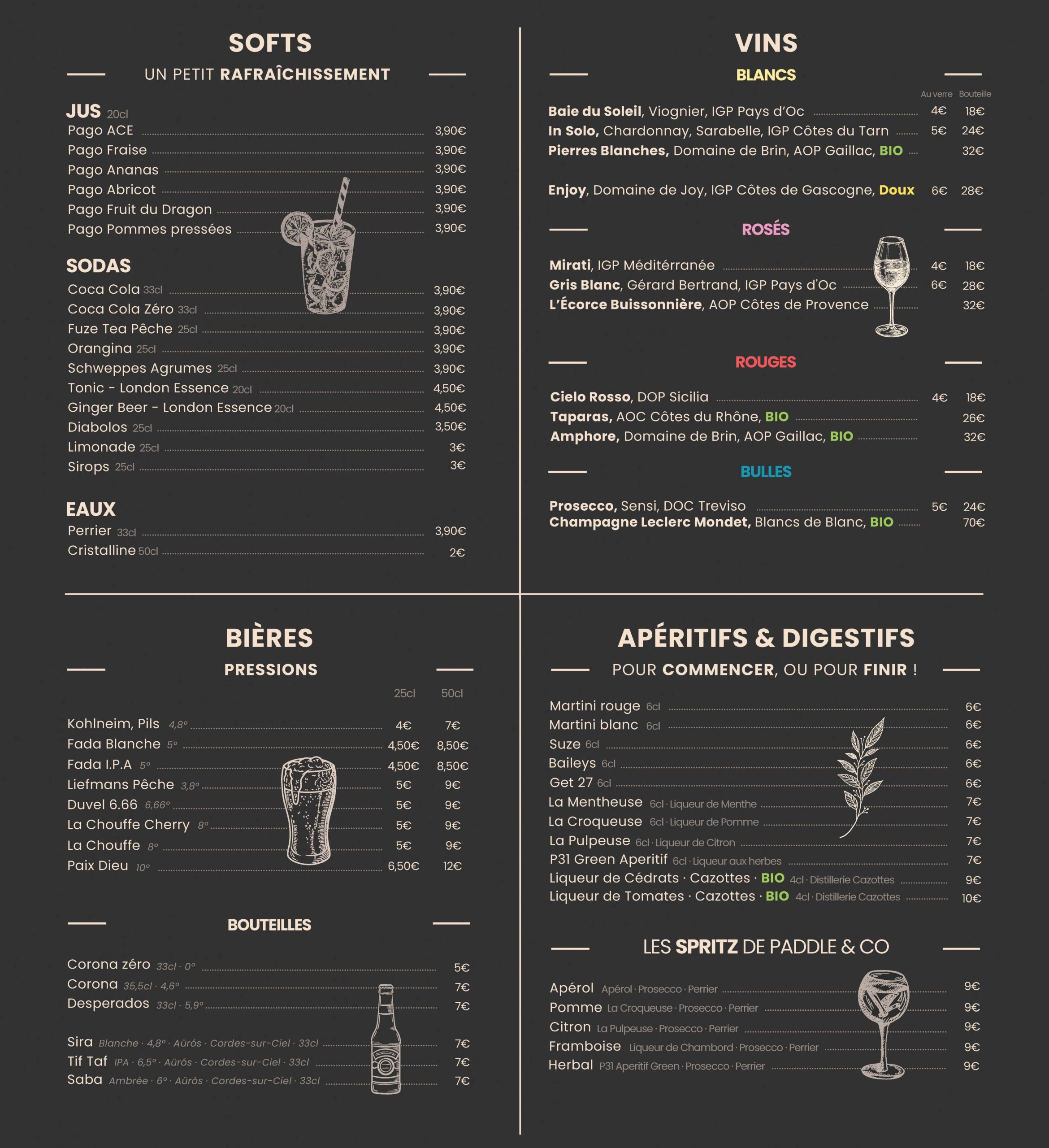 Carte boissons et cocktails